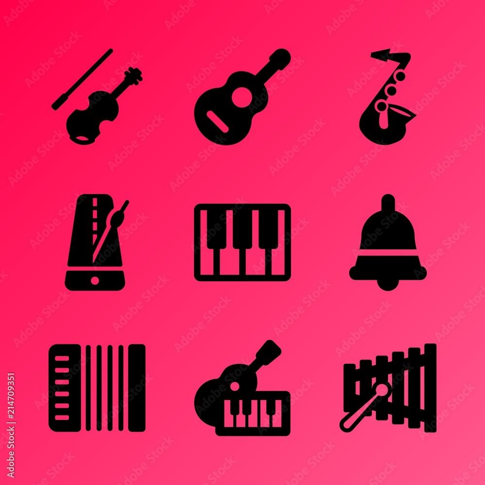 Vector icon set about music instruments with 9 icons related to handbell, rock, design, creative, concert, xylophone, concept, music keys, stick and sign Vector icon set about music instruments with 9 icons related to handbell, rock, design, creative, concert, xylophone, concept, music keys, stick and sign