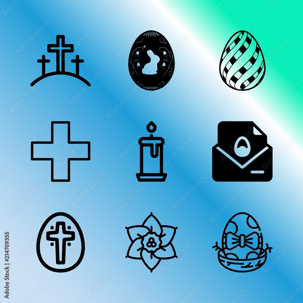 Vector icon set about easter with 9 icons related to mail, art, jonquils, banner, chatting, peace, crucifix, bud, ornament and crucifixion