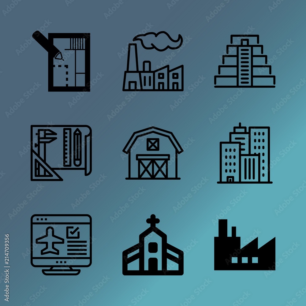Vector icon set about building with 9 icons related to bank, federal, shed, simple, blueprint, scene, vacation, cdmx, sky and workplace