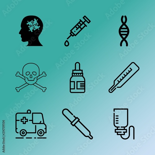 Vector icon set about medicine with 9 icons related to laboratory, tool, eye, laptop, virus, beautician, job, controller, frost and logo