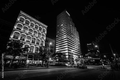 Buildings along Pratt Street at night, in Baltimore, Maryland