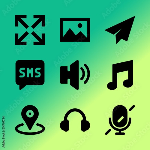Vector icon set about mobile device with 9 icons related to earflaps, white, simple, headphone, headset, geometric, alert, futuristic, music and tone