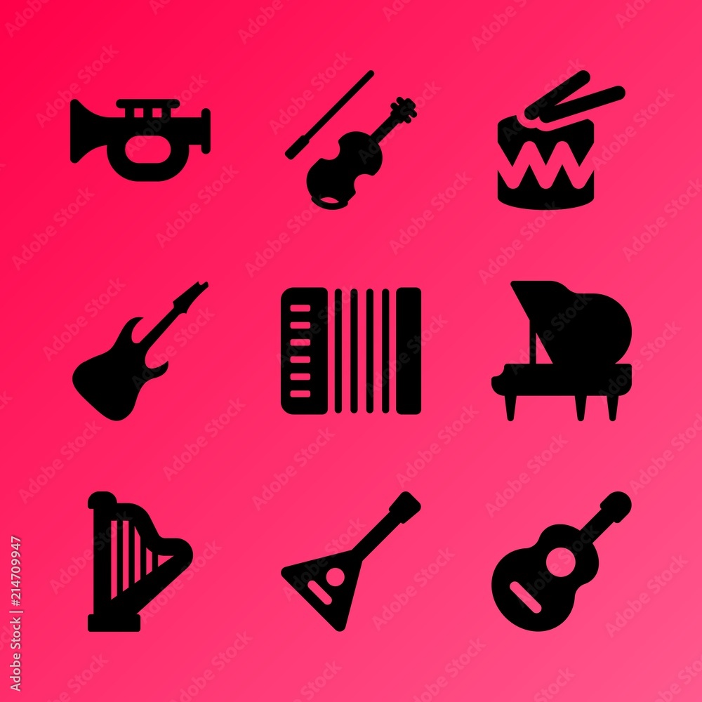 Vector icon set about music instruments with 9 icons related to sound, classical, fiddlestick, accordion, trommel, instrument, object, rock, clef and music instruments