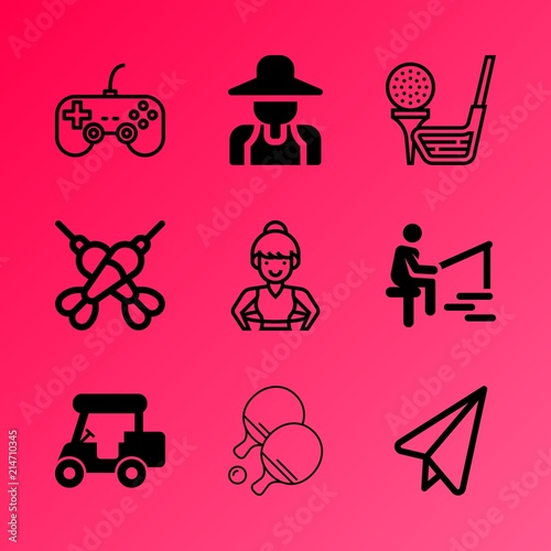 Vector icon set about hobby with 9 icons related to plant, salmon, competition, active, relax, river, paper, course, challenge and putter