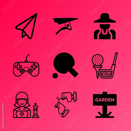 Vector icon set about hobby with 9 icons related to women, soil, ground, recreation, accuracy, paragliding, aircraft, holding, air and kite