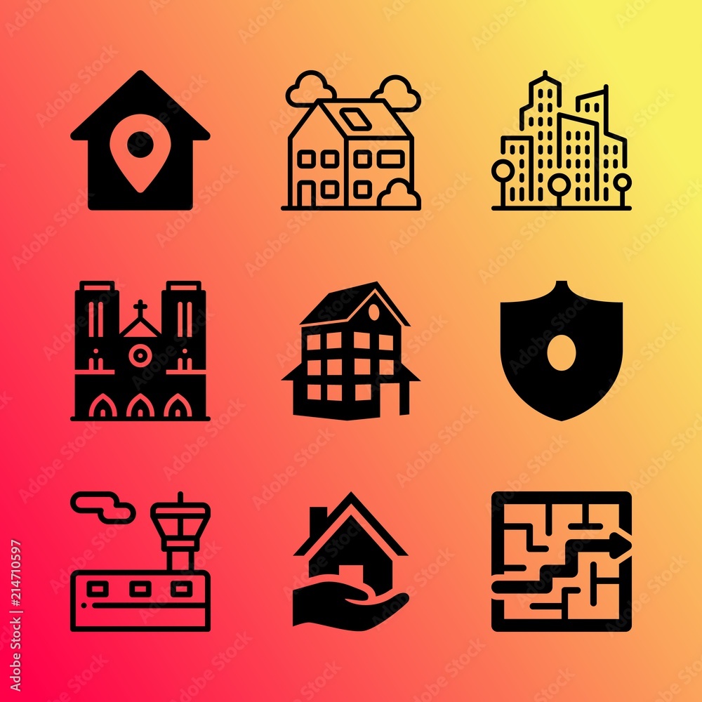 Vector icon set about building with 9 icons related to housing, money, sunshine, flat, illustration, light, coin, mortgage, gate and cash
