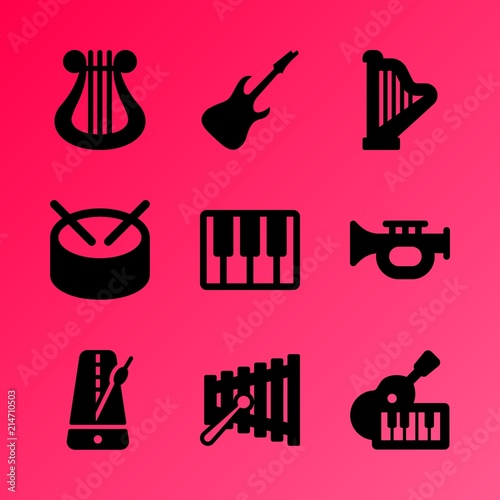 Vector icon set about music instruments with 9 icons related to isolated, gusli, classical, creative, composition, key, element, rock, melody and kid