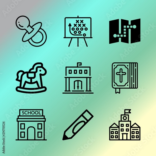 Vector icon set about education with 9 icons related to concept, icon, earth, public, blue, set, tool, toddler, sky and computer
