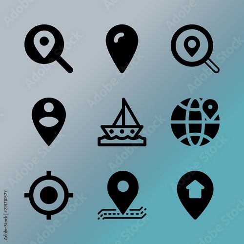 Vector icon set about location with 9 icons related to center, distance, cruise, glass, sailboat, tourism, profile, navigator, optical and signboard