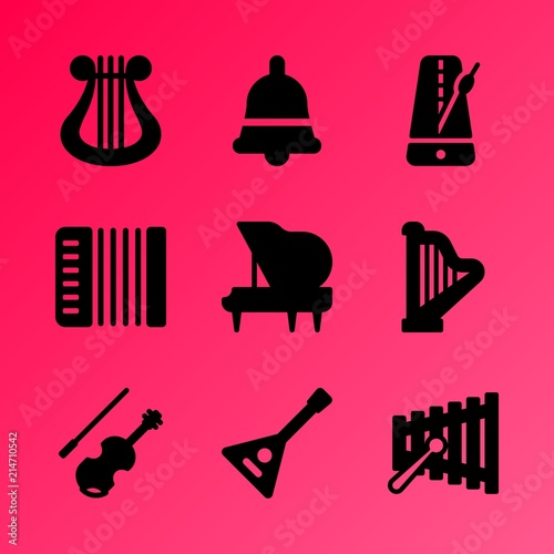 Vector icon set about music instruments with 9 icons related to balalaika, harmonic, color, box of dominoes, instrument, musical, wood, classical, percussion and gusli