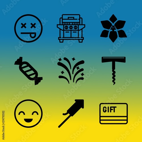 Vector icon set about birthday party with 9 icons related to night, festival, garden, pyrotechnics, latin, alcohol, price, meal, retail and day of the dead