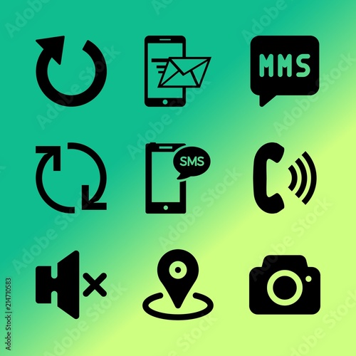 Vector icon set about mobile device with 9 icons related to people , movie, mute, photography, search, symbol, summer, handset, phone book and information