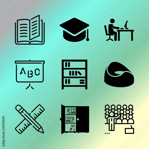Vector icon set about education with 9 icons related to youth, playing, classroom, class, learning, brown, bathroom, happy, cute and beautiful