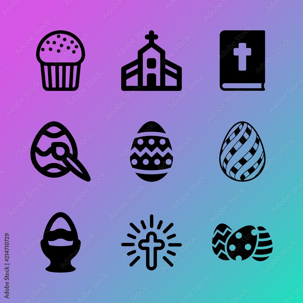 Vector icon set about easter with 9 icons related to snack, sanctuary, closeup, white, mark, symbol, open, traditional, library and muffins Vector icon set about easter with 9 icons related to snack, sanctuary, closeup, white, mark, symbol, open, traditional, library and muffins