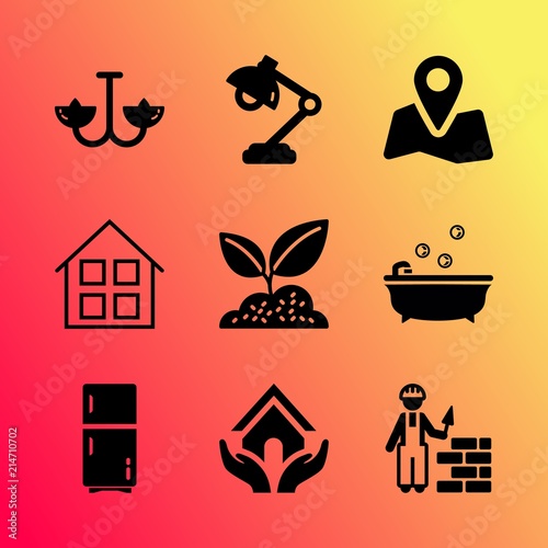 Vector icon set about home with 9 icons related to liquid, domestic, father, estate, green, blur, plank, human, antique and communication