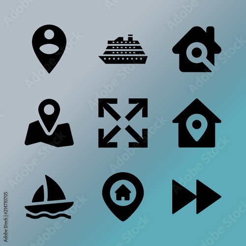 Vector icon set about location with 9 icons related to mortgage, roof, road, floating, graphic, human, ocean, speed, architecture and navigation