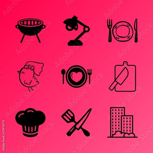 Vector icon set about kitchen with 9 icons related to hot, cutting board, blurred, window, place, braai, charcoal, kebabs, open and pattern
