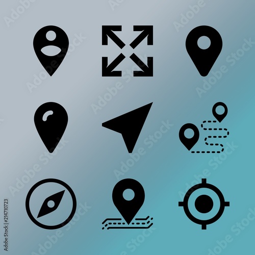 Vector icon set about location with 9 icons related to cartography, object, destination, social, geography, signal, traffic, vintage, label and paper