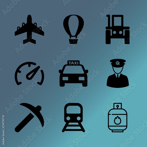Vector icon set about transport with 9 icons related to bulldozer, machine, showing, interface, background, front, port, exploration, ground and smile