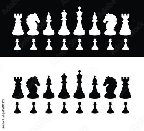 Black and white chess pieces. Vector silhouettes. The image is isolated from the background. Figures for playing chess. The material is ready for use in chess schools and design mock-ups.