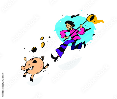 Illustration of a man running after a piggy bank with a net. Vector illustration. Image is isolated on white background. Earnings on bank deposits. Investment of money. In pursuit of profit.
