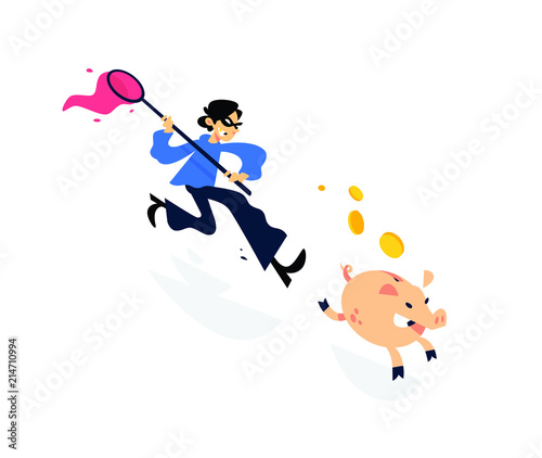 Illustration of a thief running after a piggy bank with a net. Vector illustration. Image is isolated on white background. A cartoon thief is trying to catch a piggy bank. In pursuit of profit. Easy M