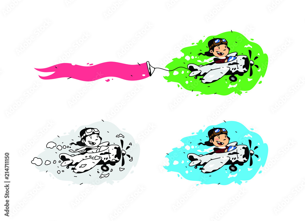 Fototapeta premium Illustration of a cartoon boy flying in a plane with a ribbon. Vector illustration. Image is isolated on white background. A set of different pictures. Advertising in the air.