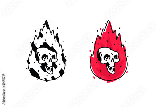 Illustration of a burning white skull. Vector icon. Image is isolated on white background. Burning skull, comic style. A tattoo, a logo for a biker club. Mascot. Emblem, symbol.