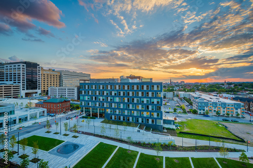 Eager Park and Johns Hopkins Hospital at sunset, in Baltimore, Maryland photo