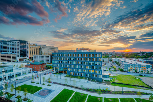 Eager Park and Johns Hopkins Hospital at sunset, in Baltimore, Maryland photo