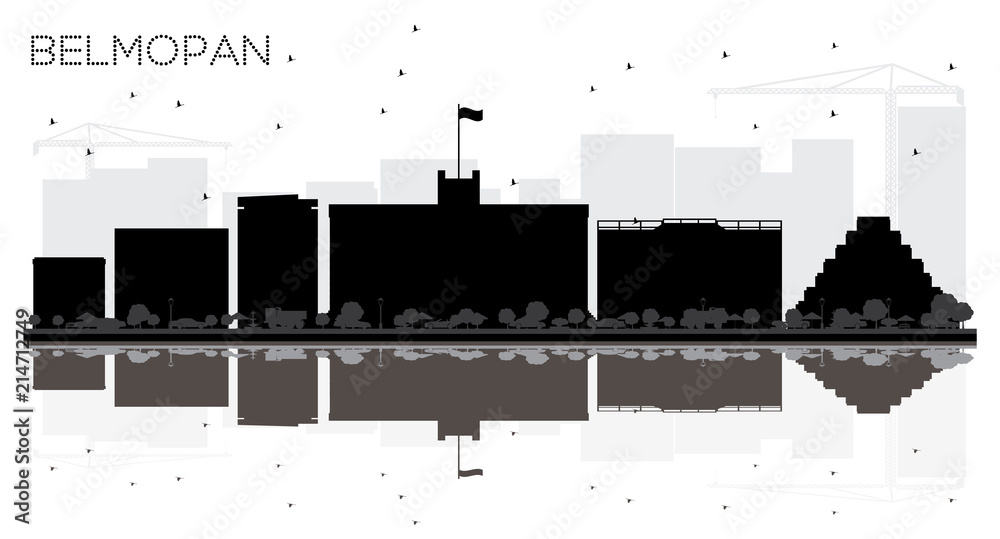 Belmopan Belize City skyline black and white silhouette with Reflections.  Stock Vector | Adobe Stock
