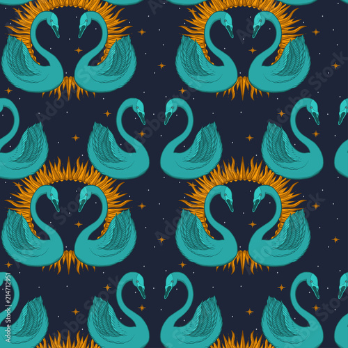 Sketch graphic illustration Beautiful seamless pattern bird swan color with mystic and occult hand drawn symbols. Vector illustration. Vintage prints with Old Fashion Tattoos.