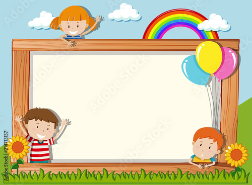 A wooden board with playful children