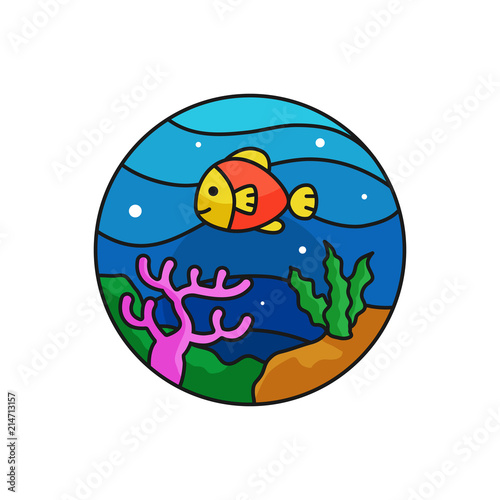 Under the sea logo badge. Undersea view for underwater diving outdoor activity concept. fish, coral and marine plant illustration. simple flat cartoon style vector design.
