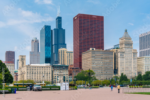 Grant Park and view of skyscrapers in Chicago, Illinois