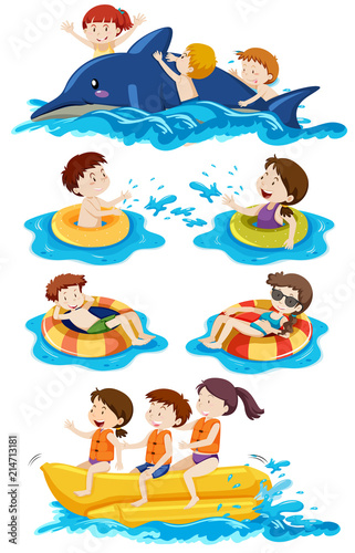 Set of children doing water activites