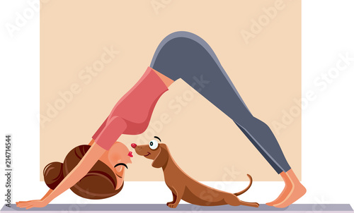 Funny Girl Exercising Next to Her Dog on Yoga Mat