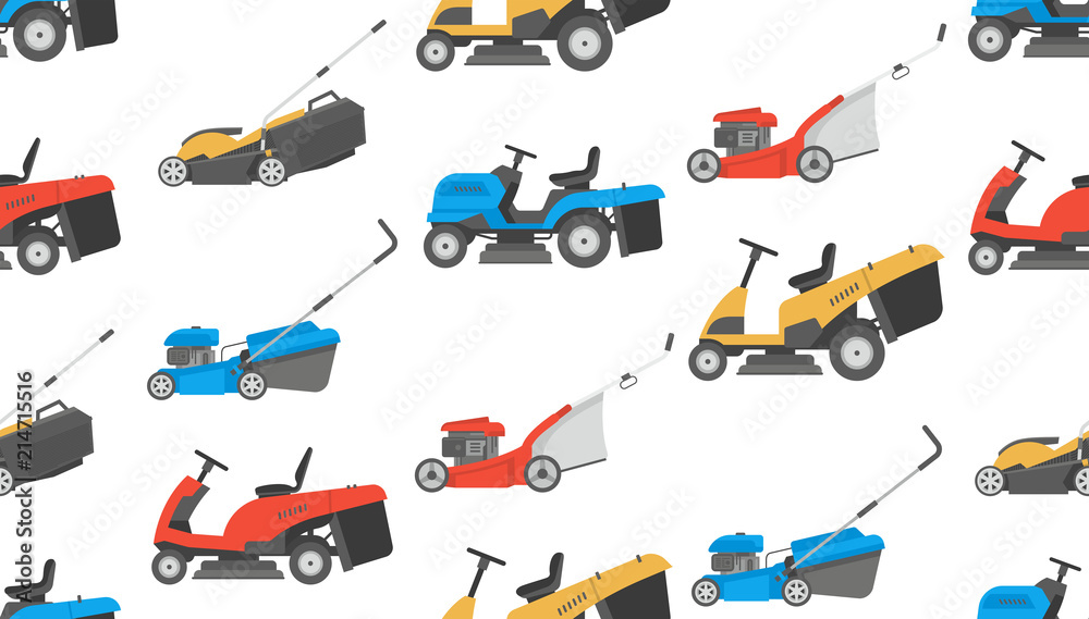 Seamless pattern with lawnmower. flat style. isolated on white background Seamless pattern with lawnmower. flat style. isolated on white background