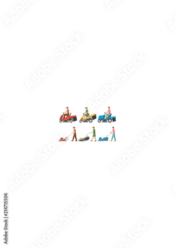 Set of Man with lawnmower. flat style. isolated on white background