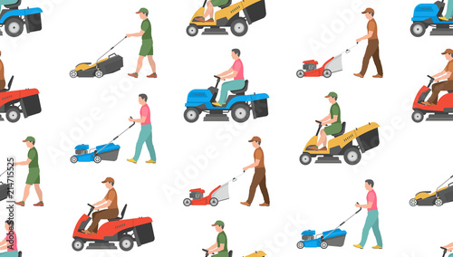 Seamless pattern with Man with lawnmower. flat style. isolated on white background