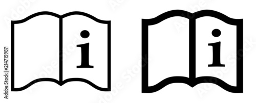 Simple "read instructions" icon. Letter i on page of a book, 2 different stroke weights versions.