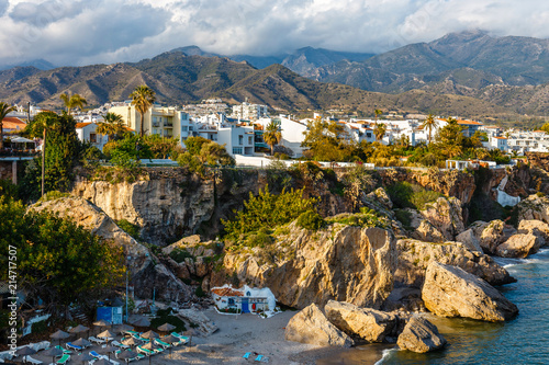 View of beautiful beach in Nerja, Costa del Sol, Andalusia, Spain photo