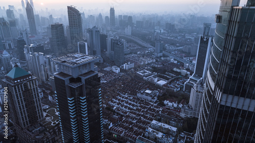 Photography aerial view of shanghai city in foggy dawn