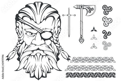 Scandinavian supreme god of Norse mythology - Odin. Hand drawing of Odin Head. Cartoon bearded man character. God Odin, Wotan tattoo. Traditional norse ornament. Vector graphics to design