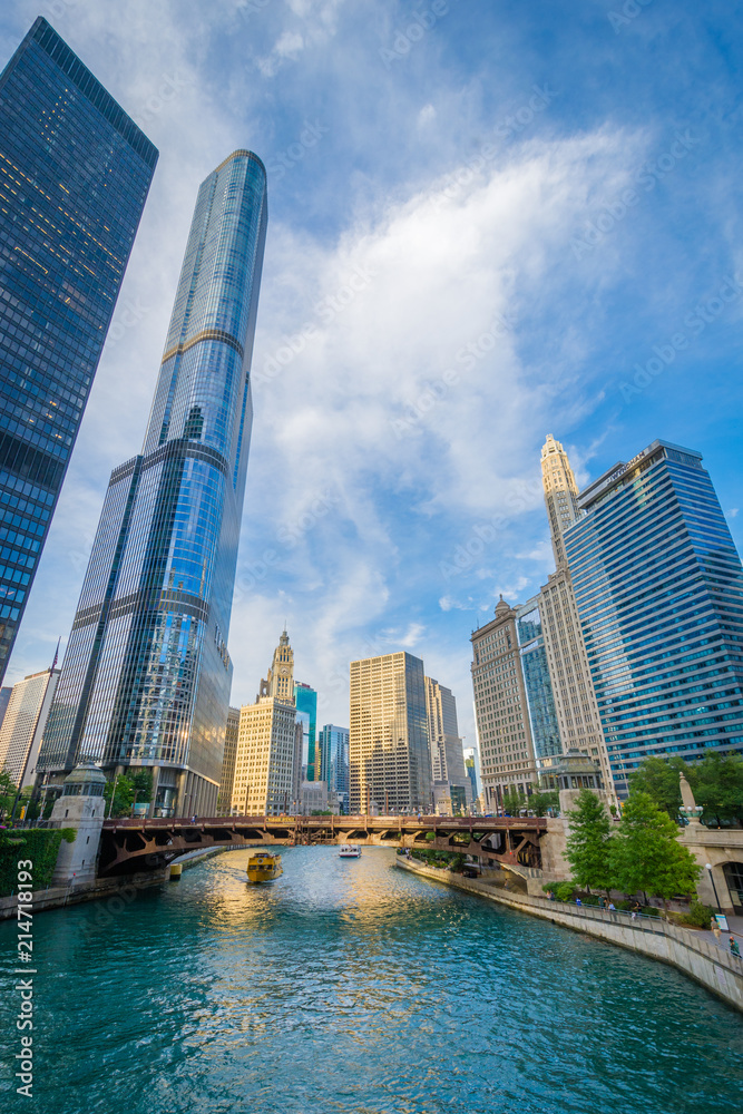 Skyscrapers along the Chicago River, in Chicago, Illinois - obrazy, fototapety, plakaty 