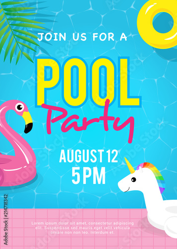 Pool party invitation vector illustration. Swimming pool with Flamingo pool float, unicorn pool float and yellow inflatable ring floating on water.
