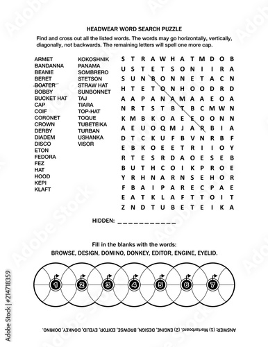 Puzzle page with two word games (English language). Headwear word search puzzle. Common knowledge fill the wheels criss-cross. Black and white, A4 or letter sized. Answer included.
