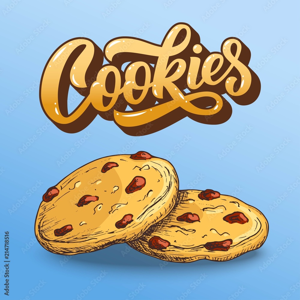 Cookies hand lettering, custom typography, cartoon letters with sketch  colorful pair of biscuits. Vector food type illustration Stock Vector |  Adobe Stock