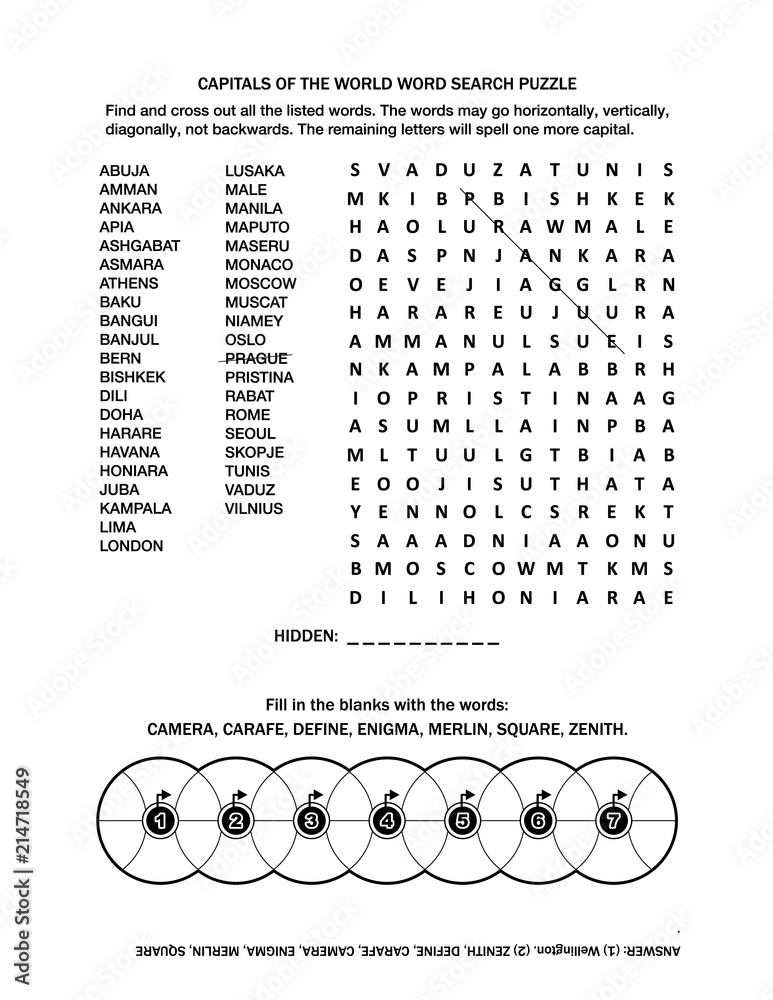 Puzzle page with two word games (English language). Capitals of the world  word search puzzle. Common knowledge fill the wheels. Black and white, A4  or letter sized. Answer included. Stock Vector