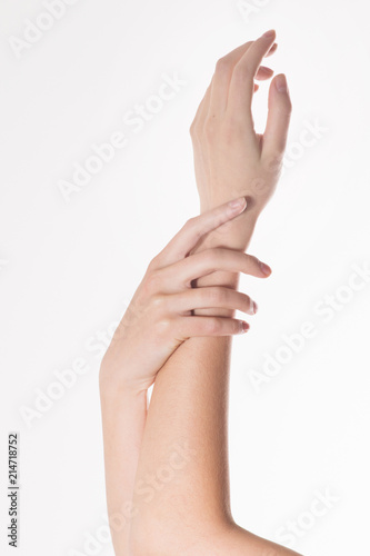 two women s hands on a white background. Empty hand isolated on white